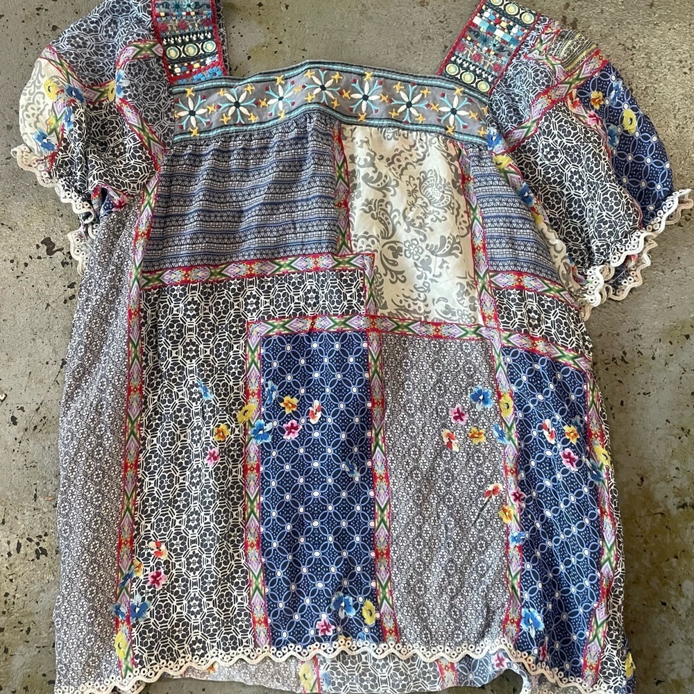 Johnny Was Kichica Padme Short Sleeve Patchwork Peasant Blouse Size Large - Picture 8 of 8